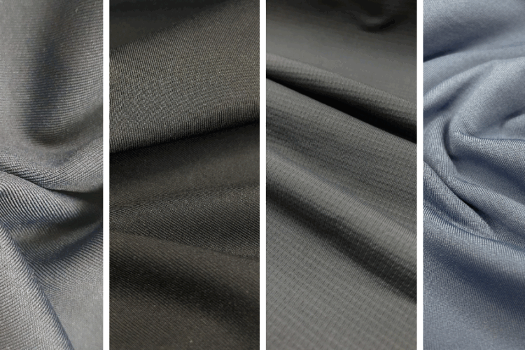 Quatro tecidos técnicos em tons escuros, com variações de textura e caimento, ideais para roupas fitness e esportivas.