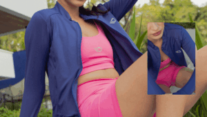 Mulher usando conjunto esportivo com top e shorts rosa combinados com jaqueta azul. A imagem destaca o caimento e a versatilidade do tecido Rise da Diklatex, ideal para roupas de academia.