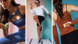 Modelos usando roupas esportivas em poliamida, incluindo camiseta de poliamida, top e legging, demonstrando elasticidade, respirabilidade e conforto térmico.