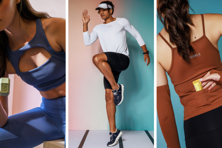 Modelos usando roupas esportivas em poliamida, incluindo camiseta de poliamida, top e legging, demonstrando elasticidade, respirabilidade e conforto térmico.