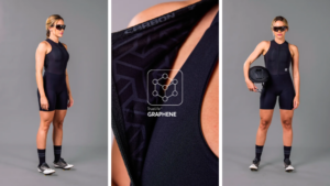 Modelo veste macaquinho esportivo preto com tecnologia Truelife Graphene, destacando compressão, proteção UV e design técnico para alta performance.