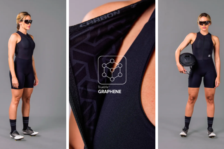 Modelo veste macaquinho esportivo preto com tecnologia Truelife Graphene, destacando compressão, proteção UV e design técnico para alta performance.