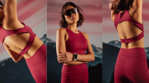 Modelo usando conjunto esportivo desenvolvido com o artigo Lane da Diklatex, tecido de activewear com estrutura canelada, compressão e conforto para performance esportiva.