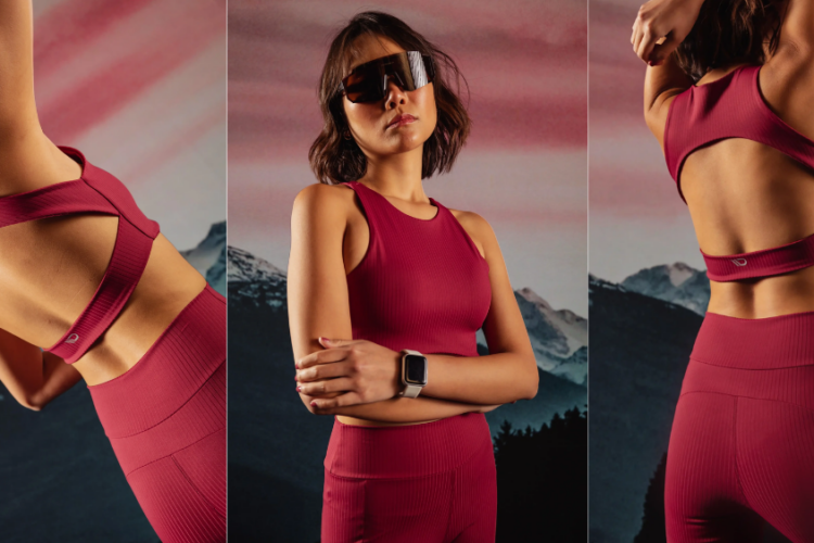 Modelo usando conjunto esportivo desenvolvido com o artigo Lane da Diklatex, tecido de activewear com estrutura canelada, compressão e conforto para performance esportiva.