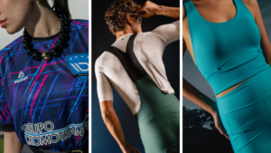 Montagem com três peças esportivas representando diferentes categorias do vestuário esportivo: camisa esportiva estampada de futebol (sportswear), macaquinho de ciclismo técnico (alta performance) e conjunto fitness azul-turquesa para treinos e rotina ativa (activewear).